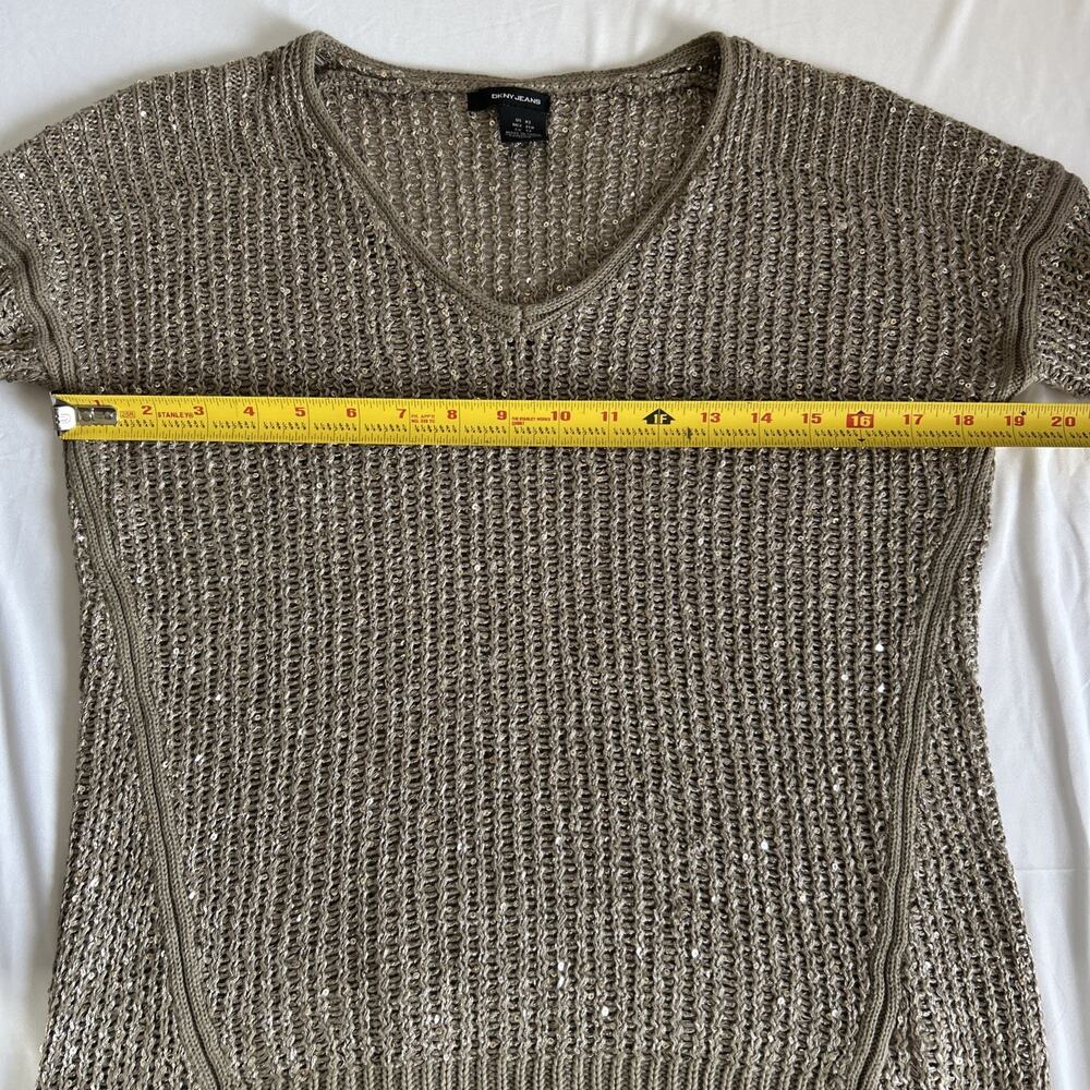 DKNY Jeans Sequined V Neck Sweater Womens XS Brown Knit Long Sleeve Sparkle Top
